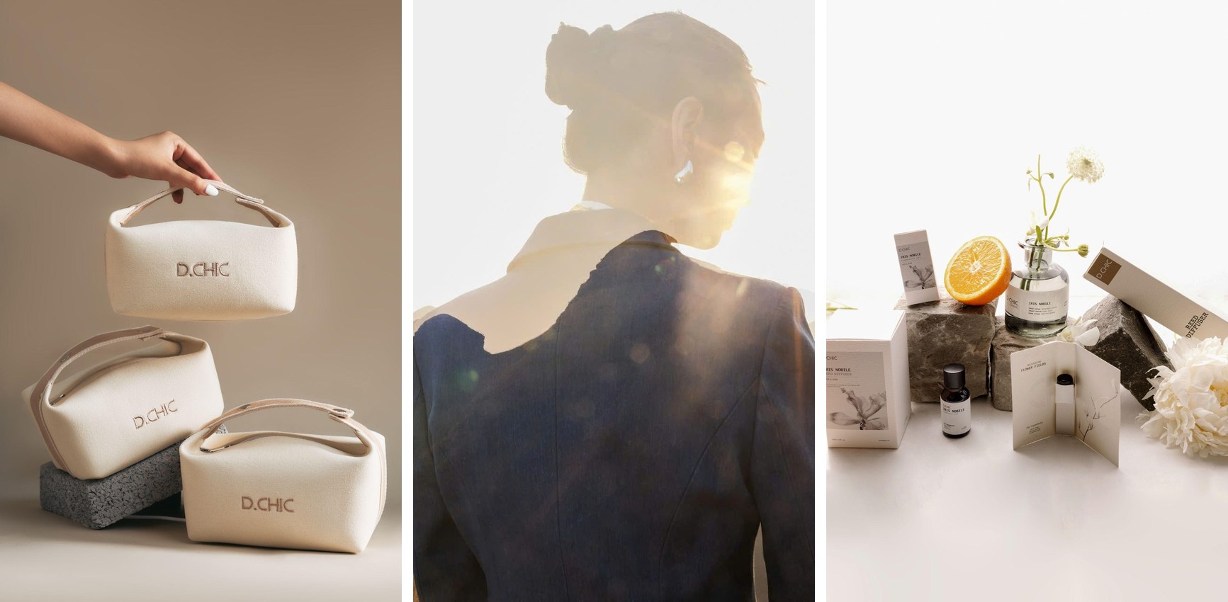 Accessories and fragrance extend the D.CHIC experience into everyday life.