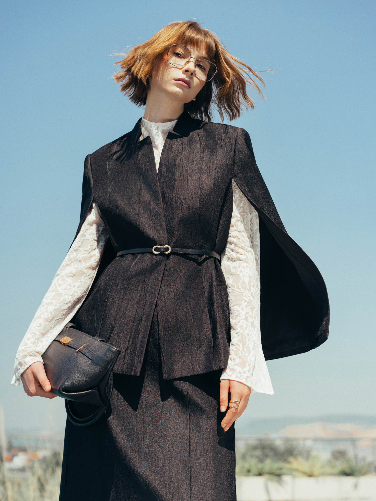 Mandarin-Collar Cape Top with Belt