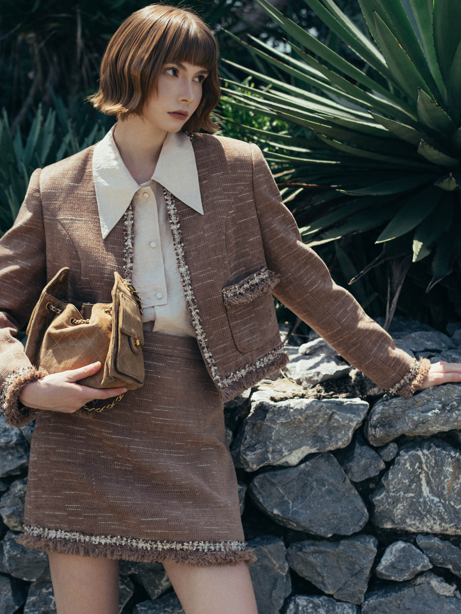 Round-Neck Wool Jacket with Contrast Cord Trim, Fringed Hem and Two Patch Pockets_CV.5-1417