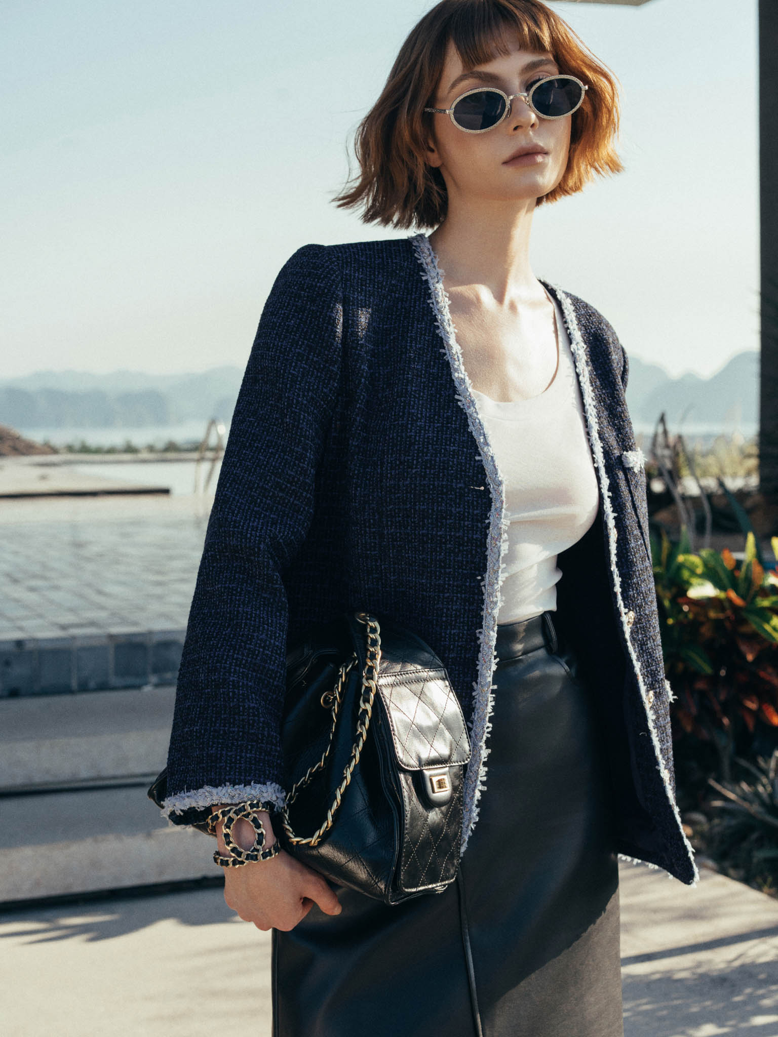V-Neck Wool Tweed Jacket with Contrast Trim
