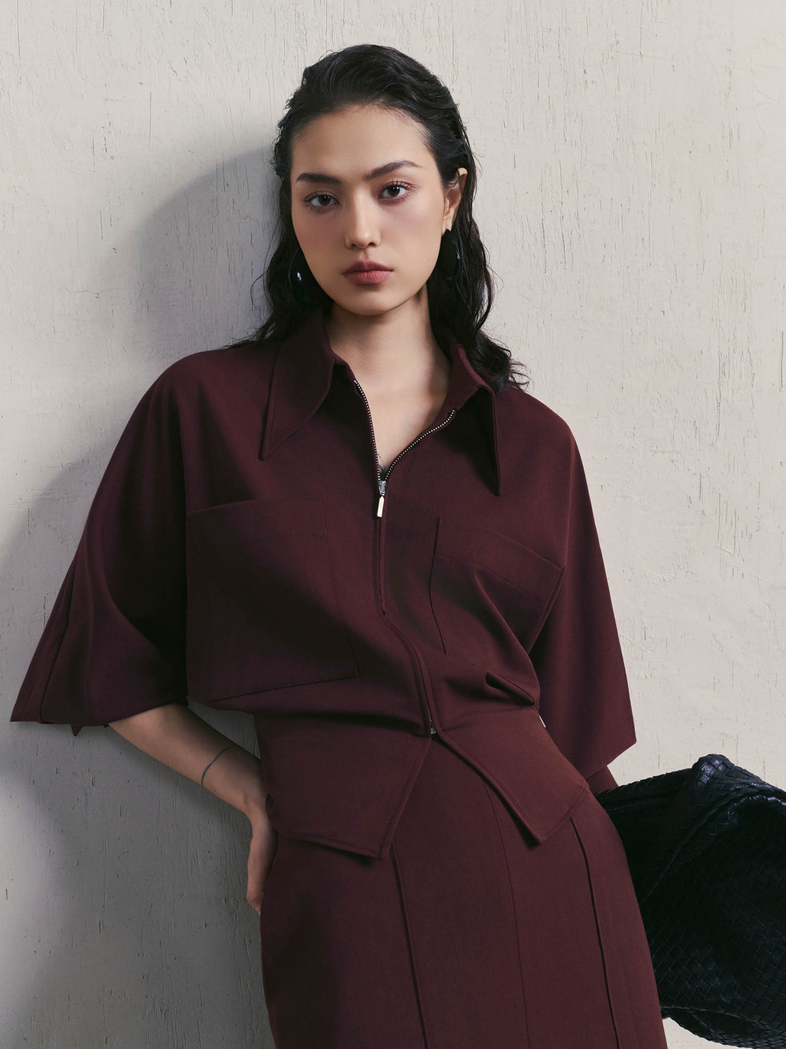 Kimono-Sleeve Top with Zip and Gathered Waist_CV.2-1238