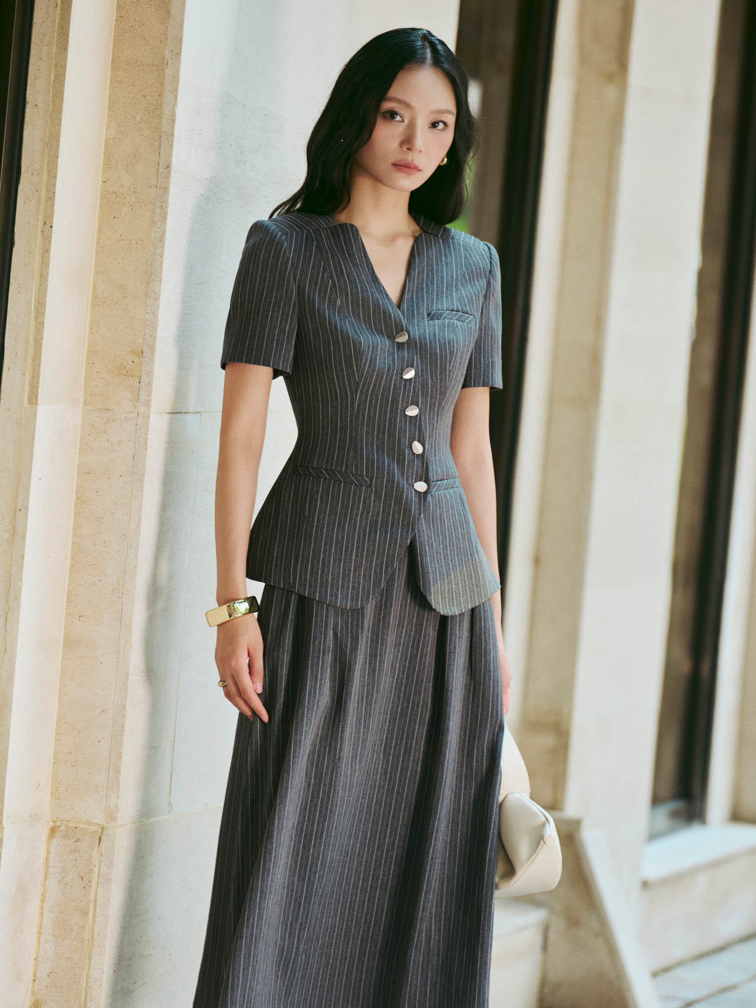 Striped V-Neck Shirt Jacket with Off-Centre Button Front_CV.2-1316