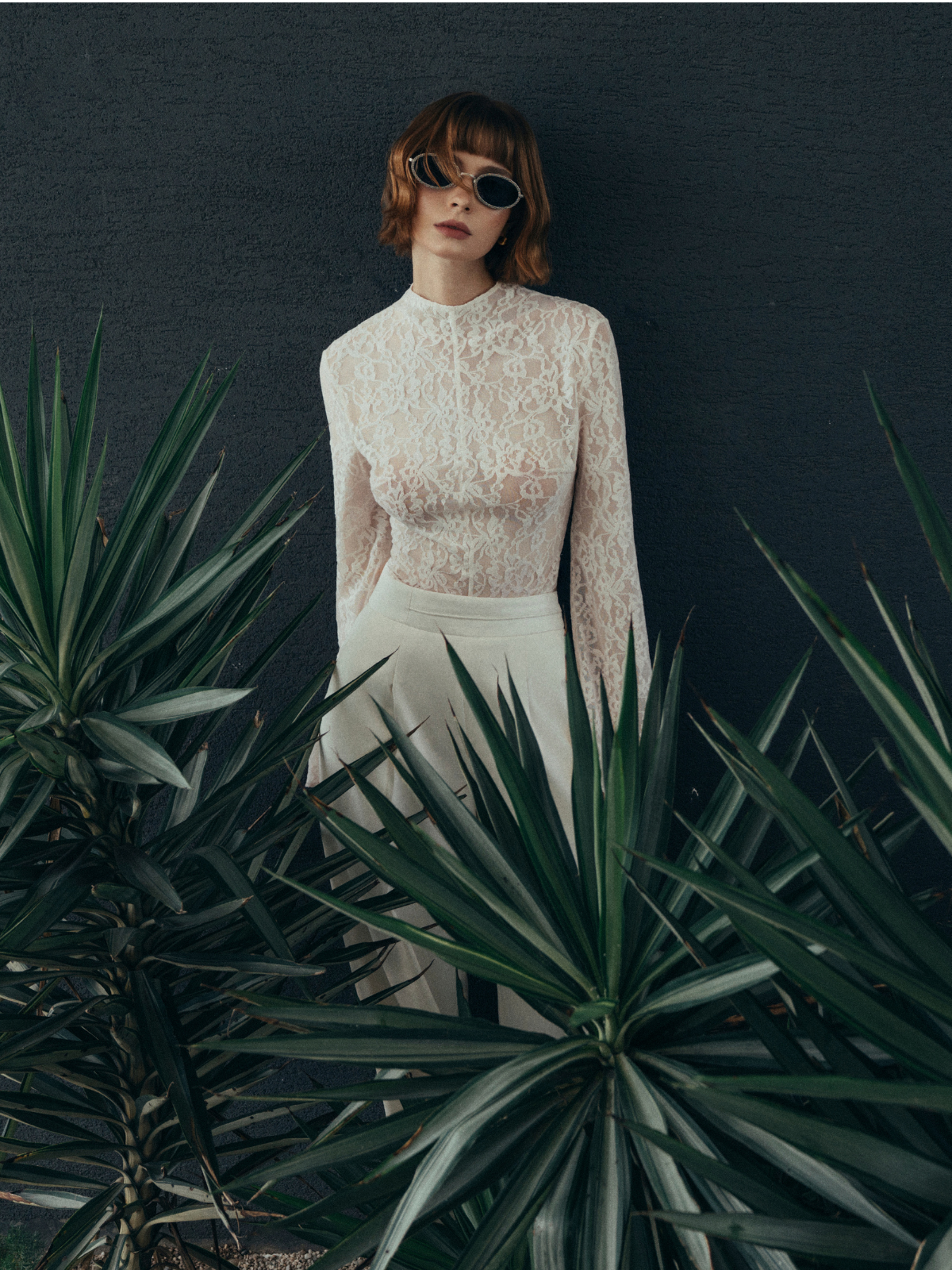 High-Neck Lace Jersey Top with Flared Sleeves