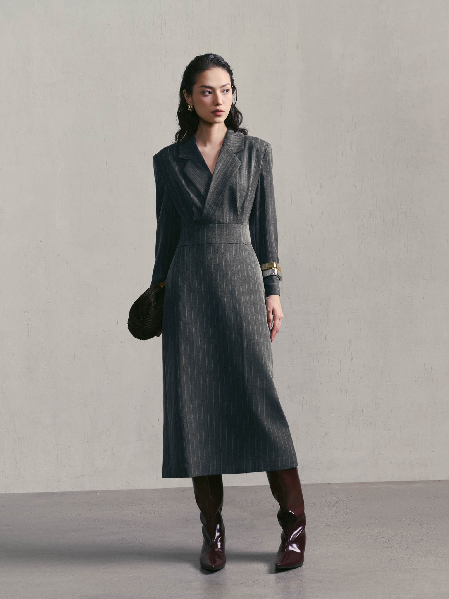 Striped Panelled Dress with Notched Lapels