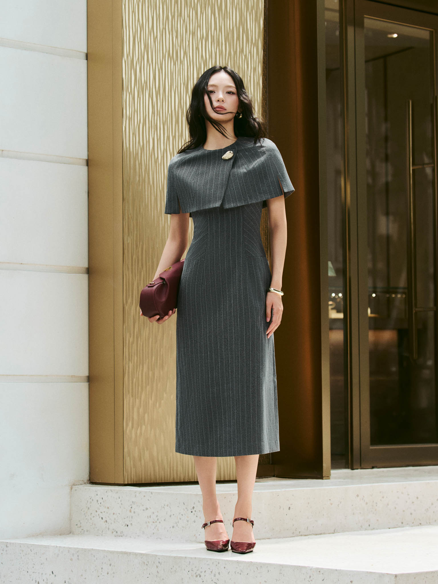 Panelled Dress with Cape Overlay