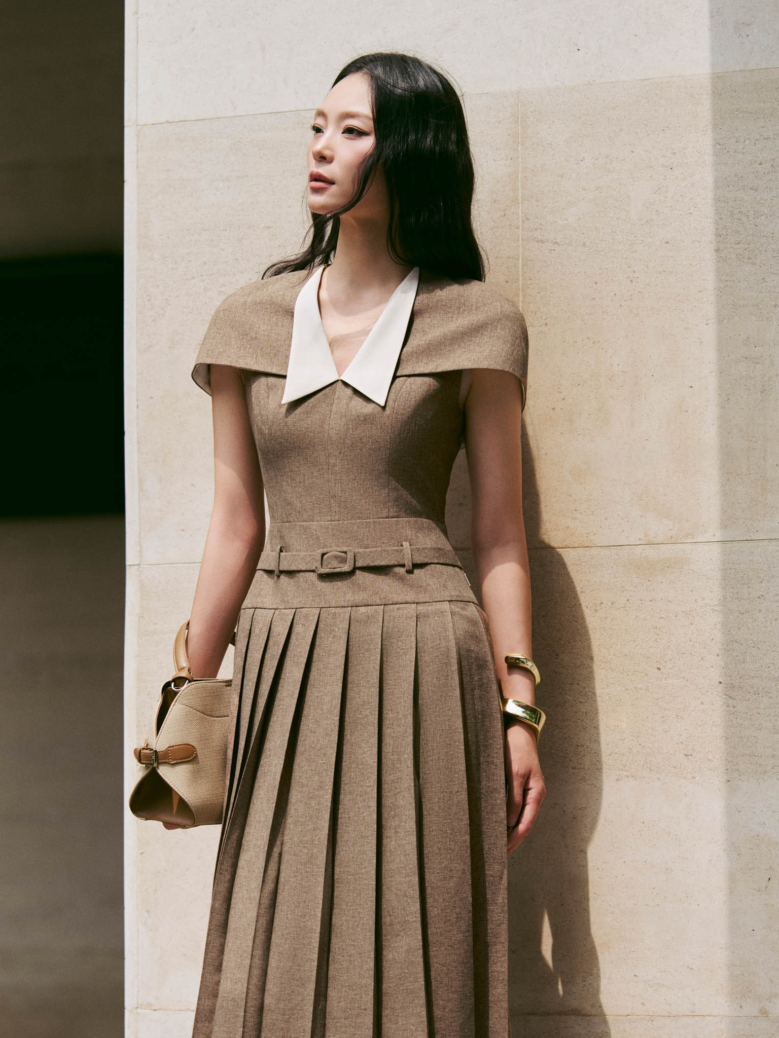 Pleated Dress with Cape Overlay and Contrast Split V-Neck