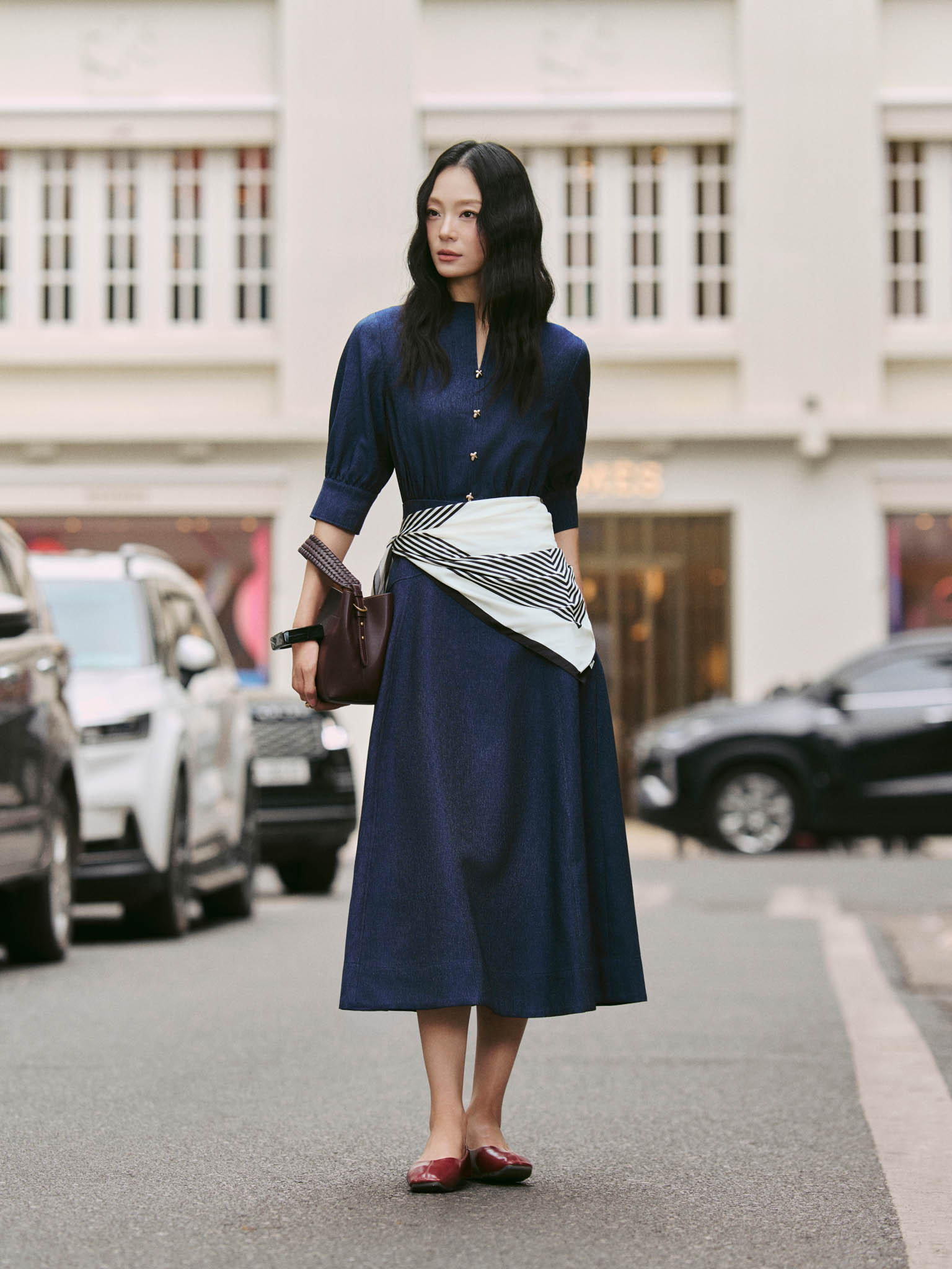 Straight-Neck Shirt Dress with Flared Skirt