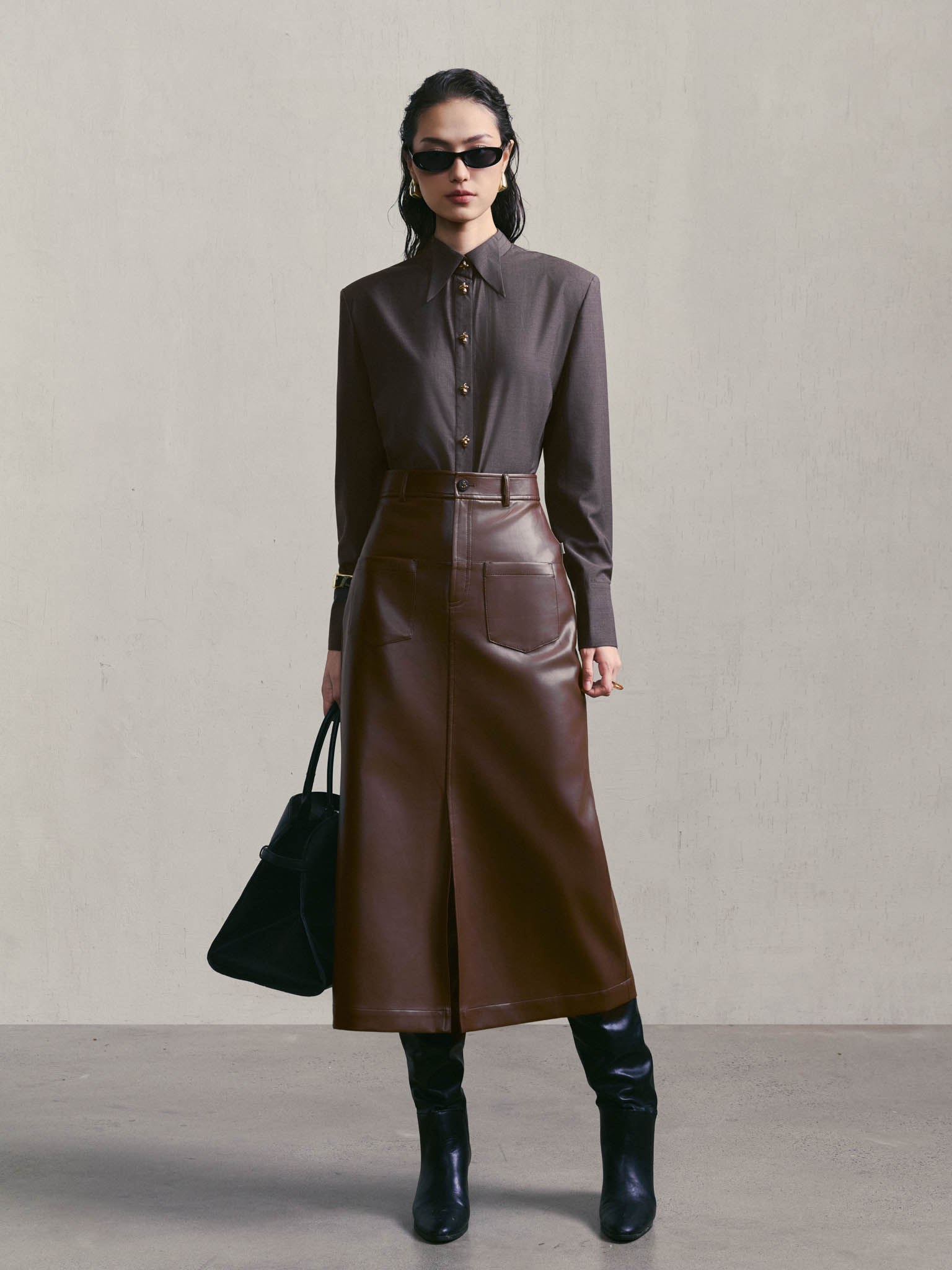 Leather Skirt with Front Slit and Two Patch Pockets