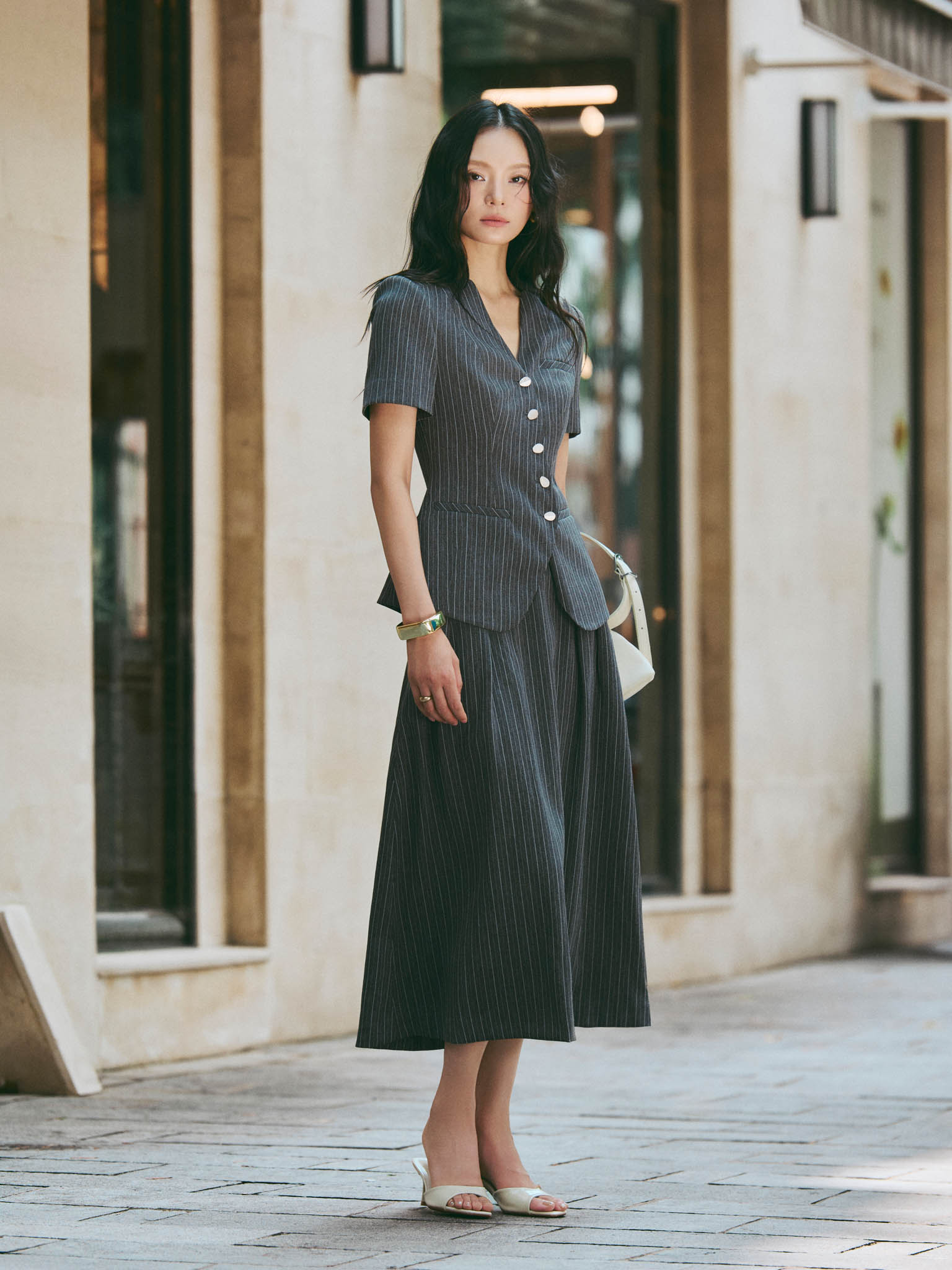 Striped High-Waisted Skirt with Wide Waistband and Side Pleats_A.1-3417