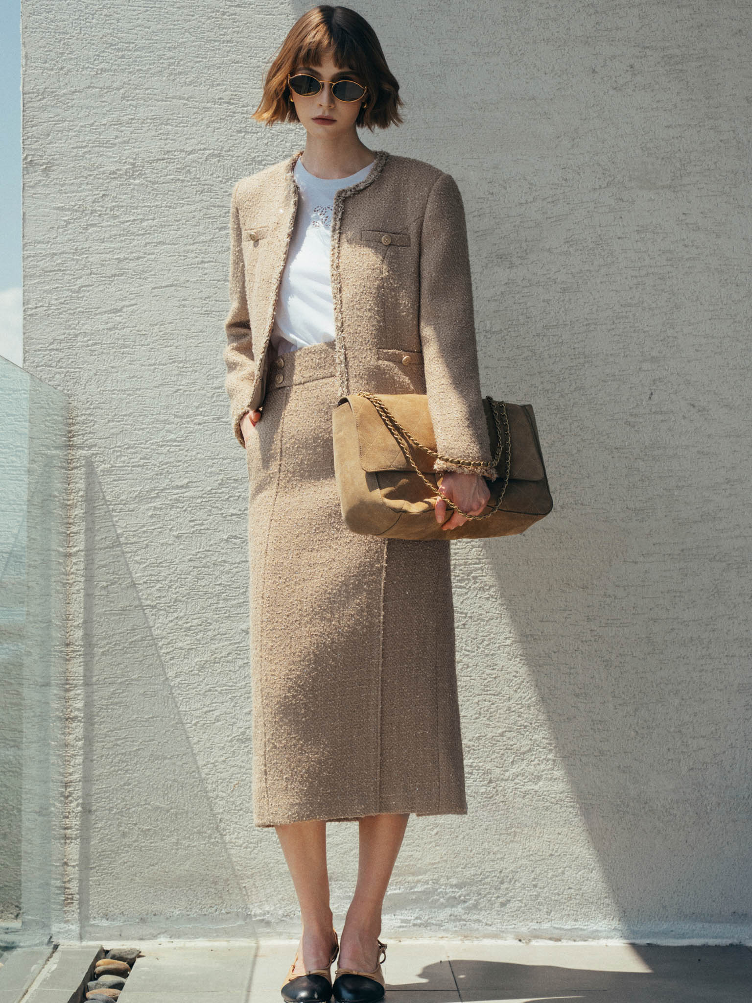 Tweed Panelled Banded-Waist Skirt with Button Detail_AV.5-1108