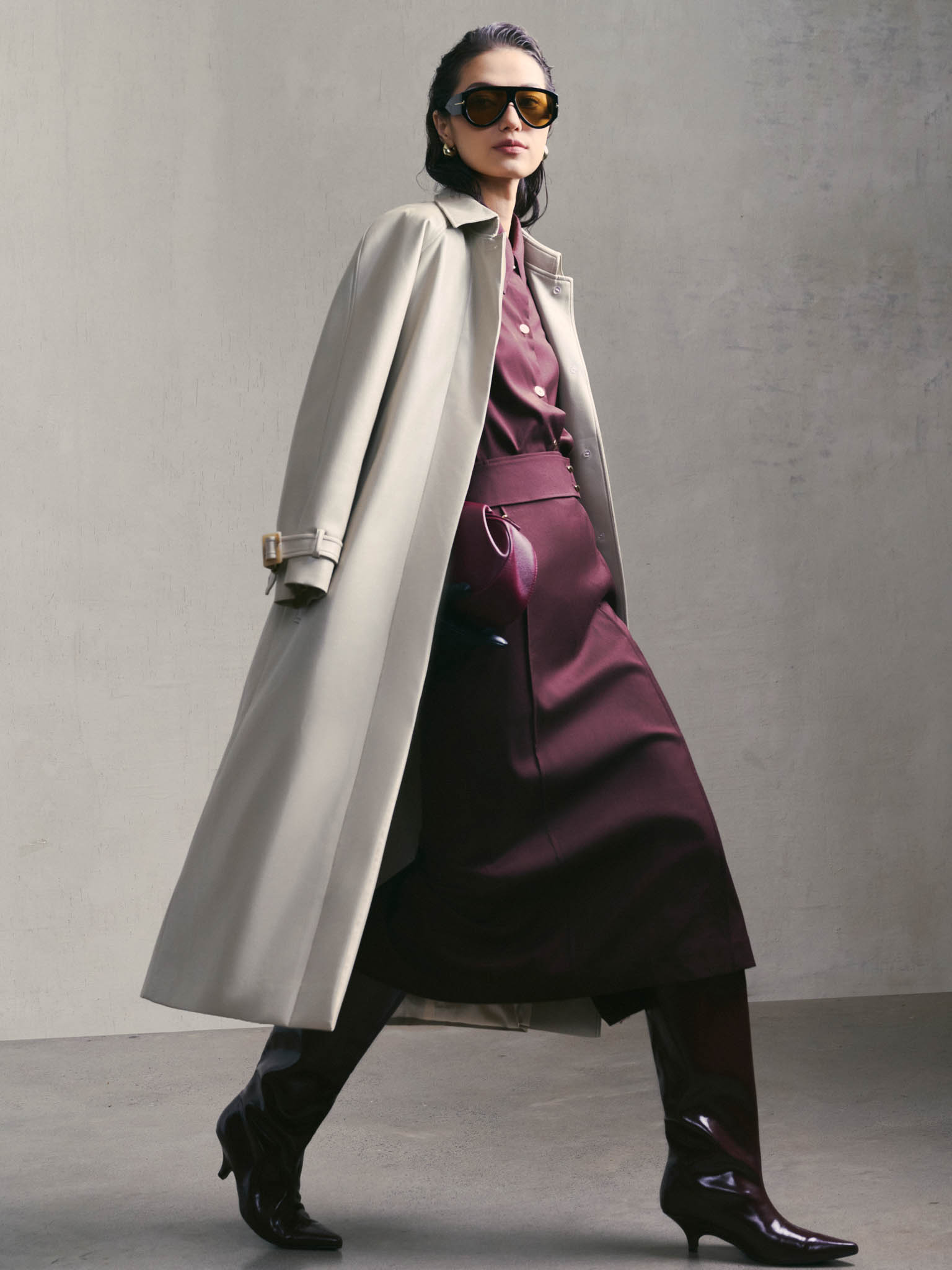 Leather Coat with Lapel Collar, Concealed Placket and Belt